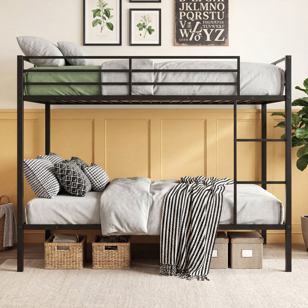 Black metal bunk bed featuring a sturdy two-step ladder and reinforced frame, perfect for maximizing space in bedrooms.