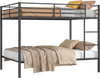 Full-over-full metal bunk bed in black with safety guardrail and built-in ladder, ideal for space-saving sleep.