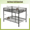 Full over full metal bunk bed in black with dimensions, safety guardrail, and sturdy slats for reliable support.