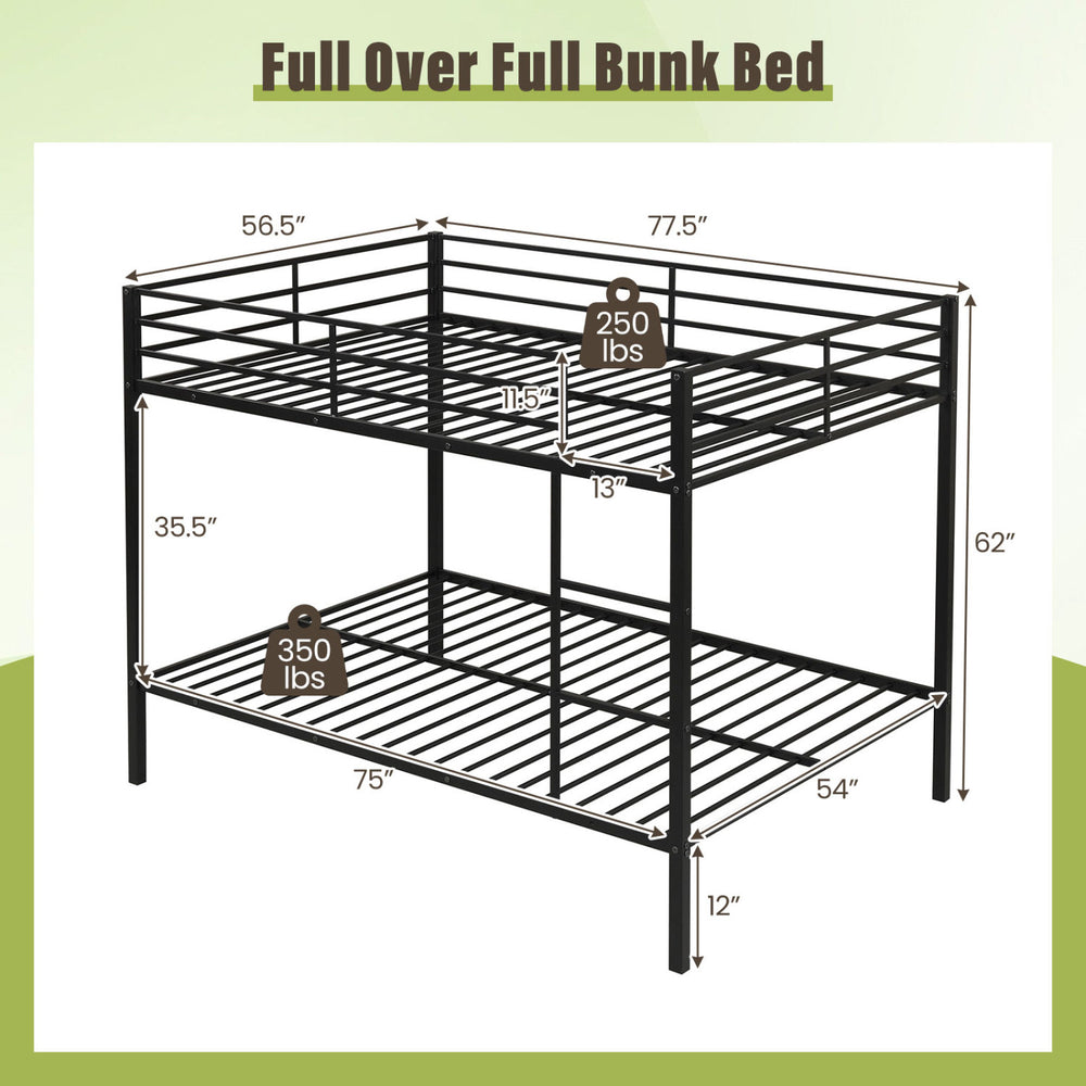 Full over full metal bunk bed in black with dimensions, safety guardrail, and sturdy slats for reliable support.