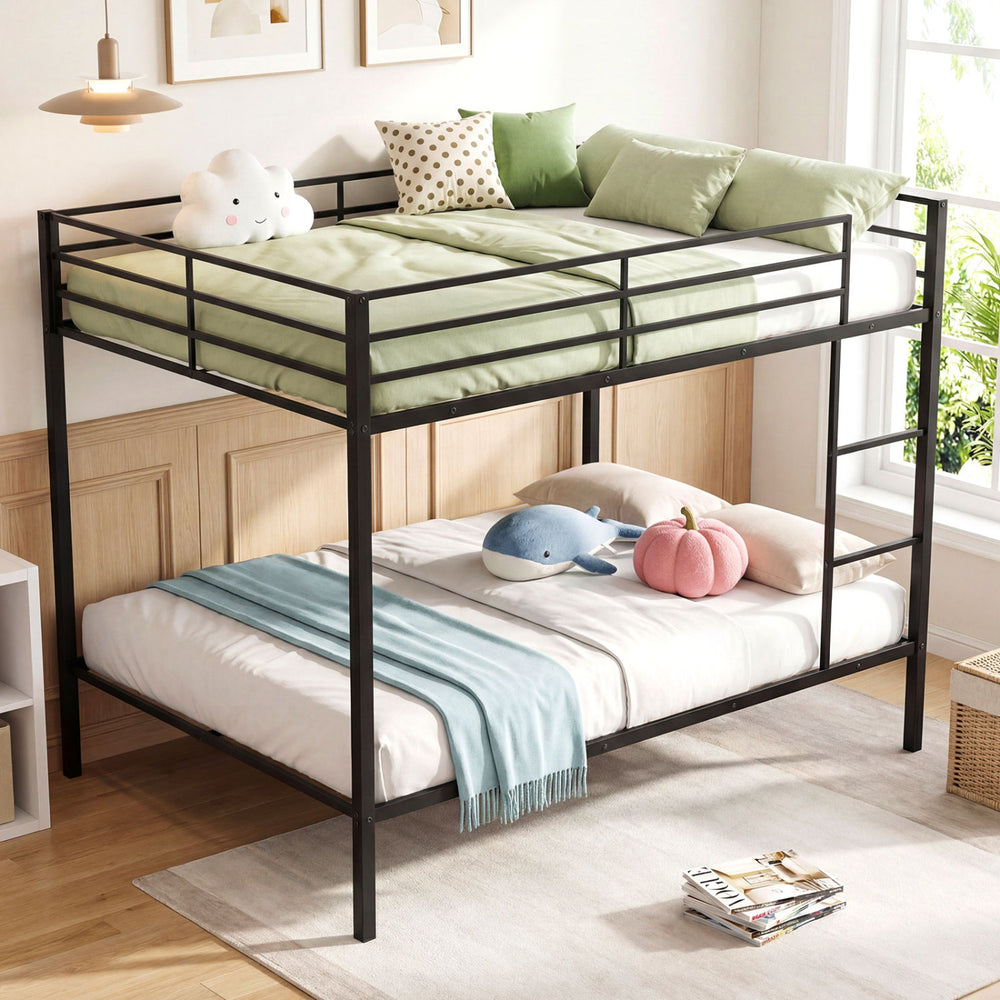 Full-over-full metal bunk bed in black with safety guardrail and ladder, ideal for space-saving in kids' rooms.