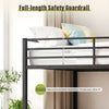 Full-length safety guardrail on the black metal bunk bed, designed for safety with a recommended mattress thickness of.