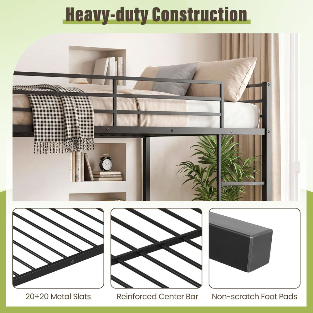 Metal bunk bed with black finish, featuring 20+20 metal slats, reinforced center bar, and full-length safety guardrail.