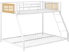 Twin over full metal bunk bed in white with rattan accents, safety guardrail, and ramp ladder for easy access.