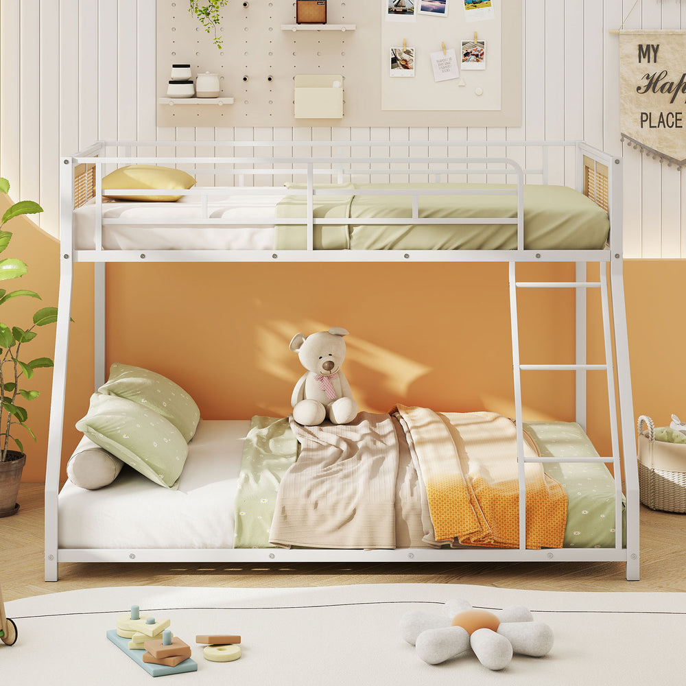 Metal bunk bed twin over full in white with safety guardrail, ramp ladder, and boho rattan accents for small spaces.