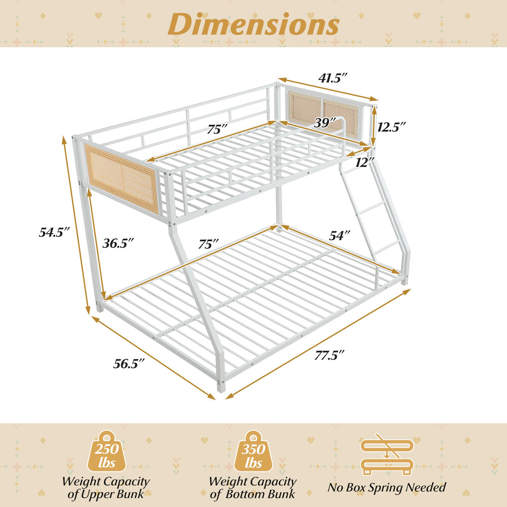 Twin over full metal bunk bed in white with safety guardrail and ramp ladder, ideal for small spaces and low ceilings.