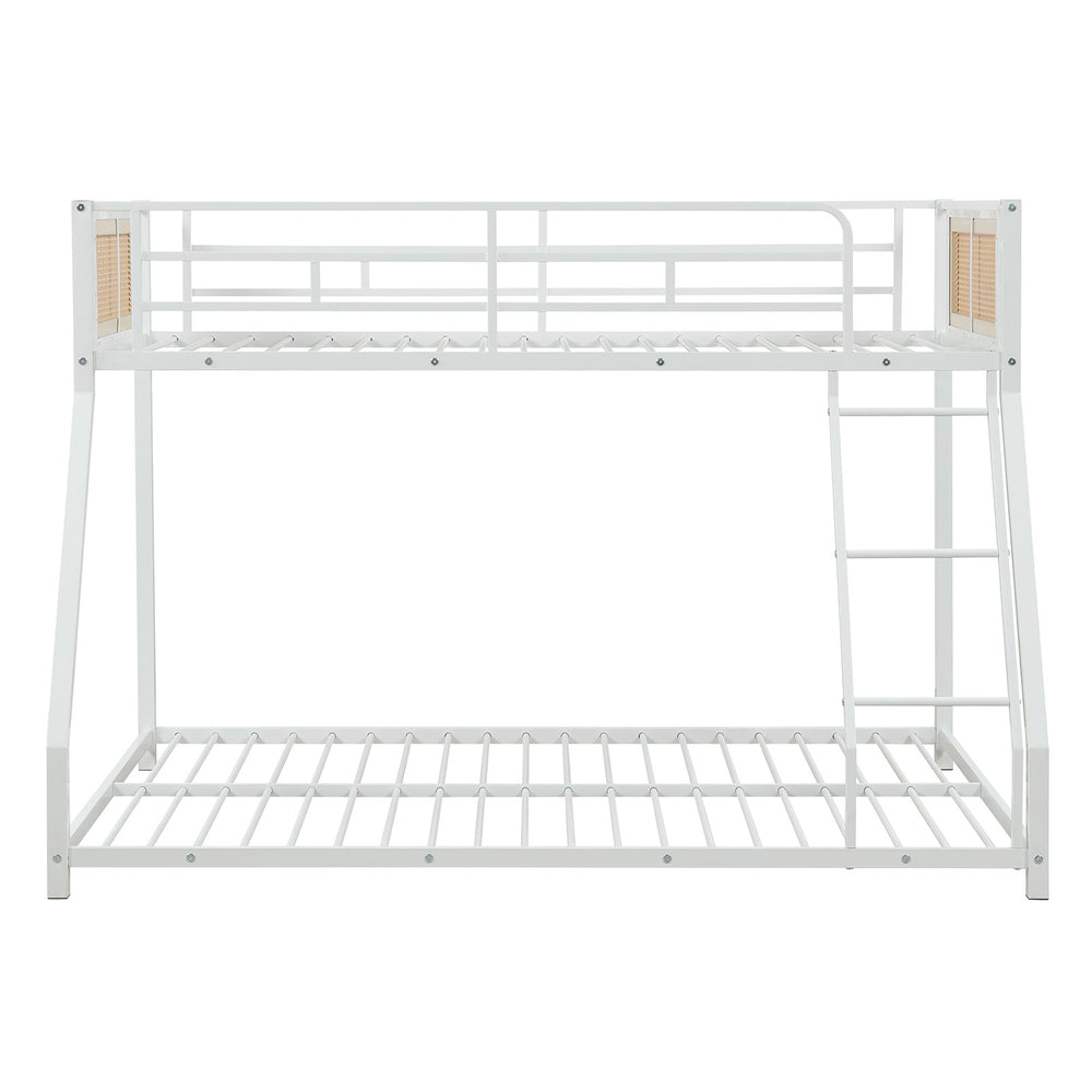 Metal bunk bed twin over full in white with rattan accents, safety guardrail, and ramp ladder for small spaces.