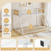 Twin over full metal bunk bed in white with safety guardrail, ramp ladder, and rattan accents for space-saving style.