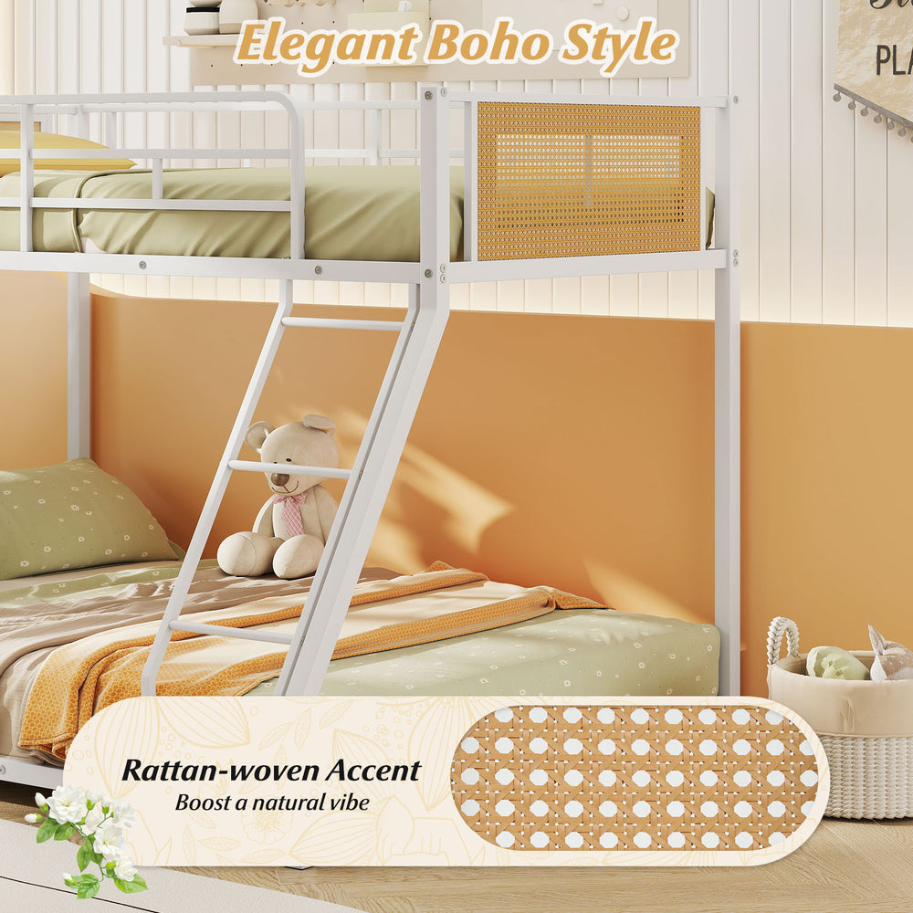 Metal bunk bed twin over full with rattan-woven accent, featuring safety guardrail and ramp ladder for easy access.