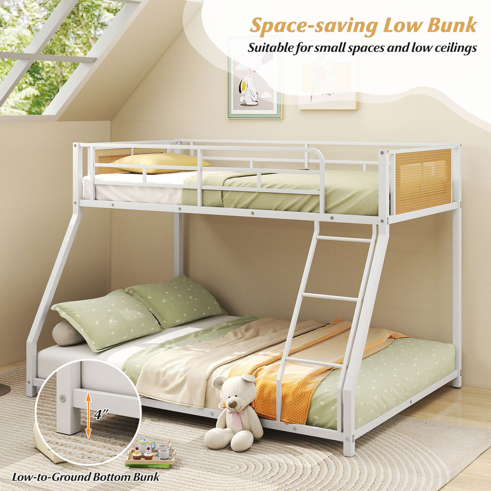 Metal bunk bed twin over full in white with safety guardrail, ramp ladder, and low-to-ground bottom bunk for small.