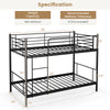 Metal bunk bed in black with ladder and guardrails, featuring heavy-duty slats and 10" under-bed storage space.