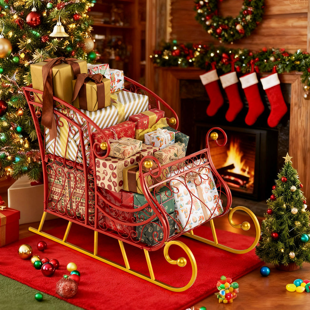 Red metal Christmas Santa sleigh basket with gifts, featuring a golden base, perfect for festive storage and decoration.