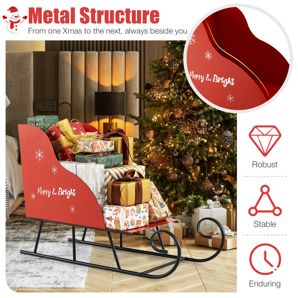 Red metal Christmas Santa sleigh basket with gifts, featuring a robust design and festive motifs for holiday storage.