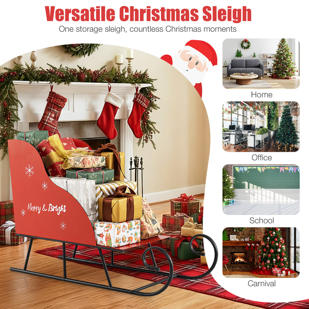 Metal Christmas Santa sleigh basket with ample storage for gifts and decorations, perfect for festive home or office.