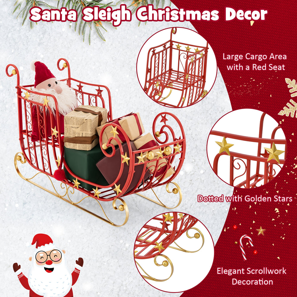 Metal Christmas Santa sleigh with large cargo area, red and gold accents, perfect for holiday gift decoration.