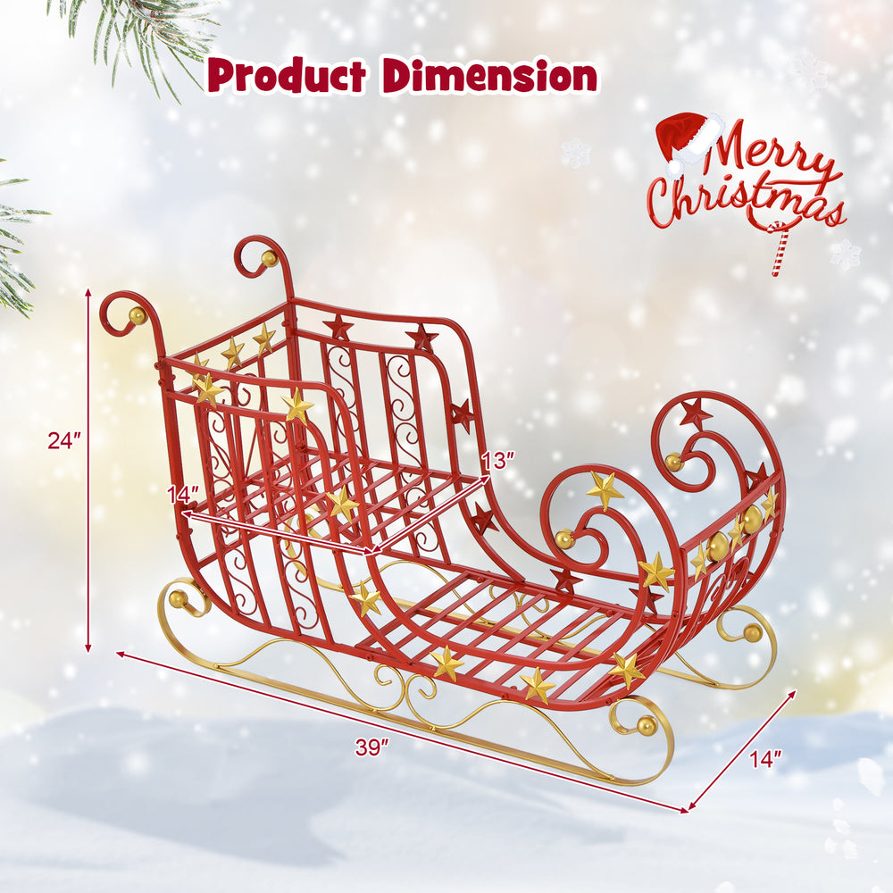Metal Christmas Santa sleigh with a spacious cargo area, featuring a heavy-duty frame and golden star accents for.