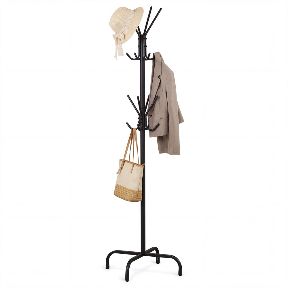 Sleek black metal coat rack with 16 hooks and 4 legs, ideal for organizing coats and bags in bedrooms or offices.