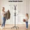 Freestanding black metal coat rack with 16 hooks and 4 legs, ideal for organizing outerwear in entryways or offices.