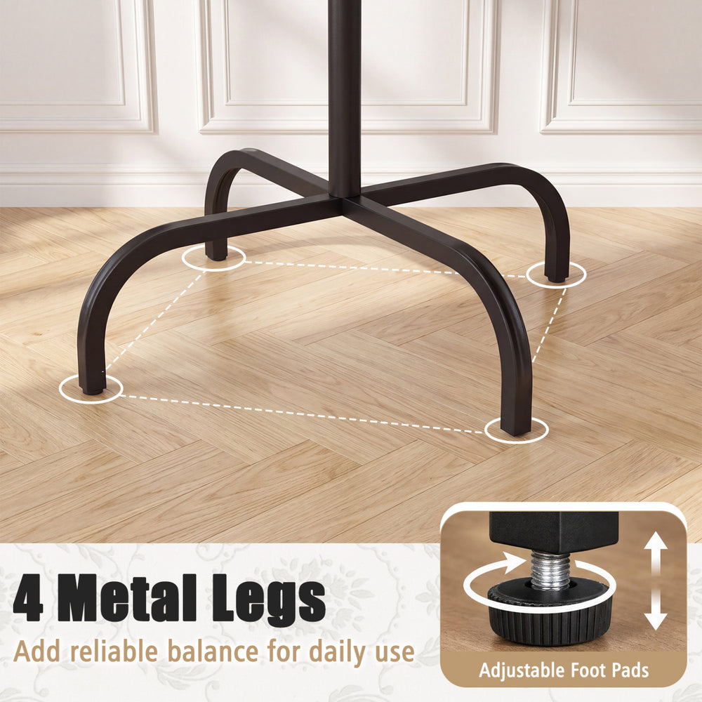 Freestanding black metal coat rack with 16 hooks and 4 sturdy legs, featuring adjustable foot pads for stability.