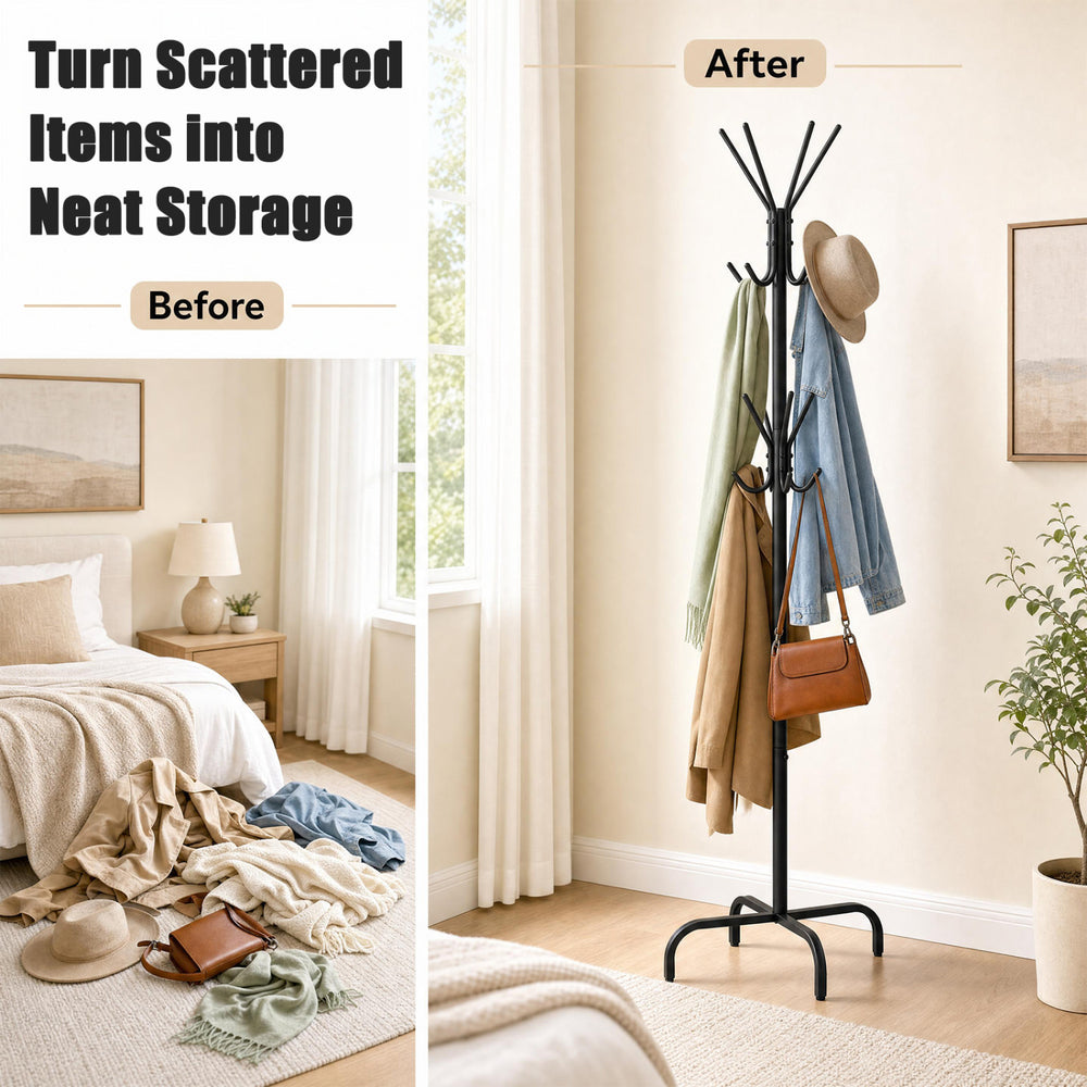 Freestanding black metal coat rack with 16 hooks and 4 legs, perfect for organizing outerwear and accessories in any space.