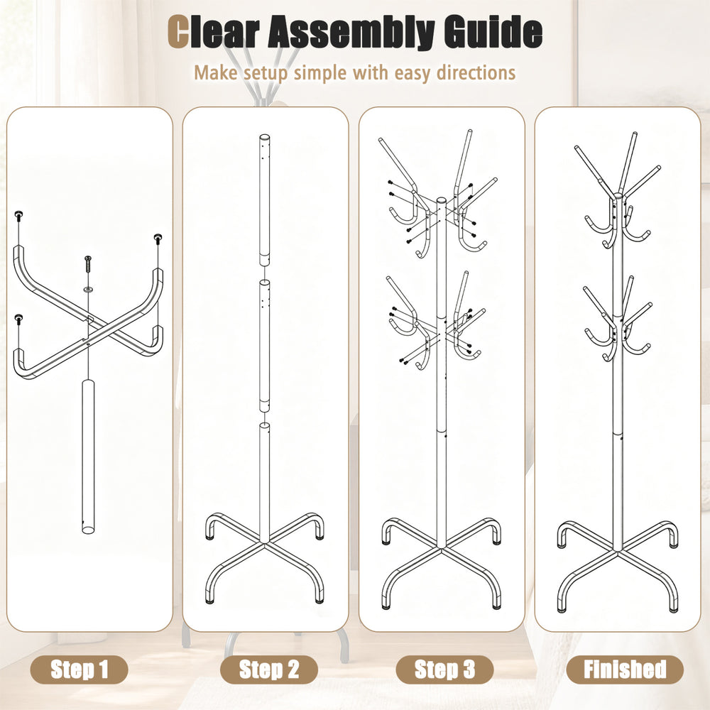 Freestanding black metal coat rack with 16 hooks and 4 legs, ideal for entryway or office organization.