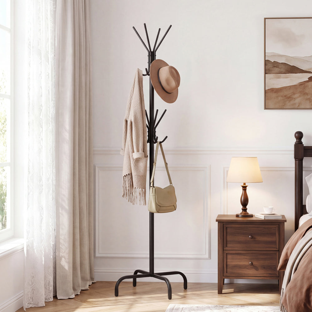 Freestanding black metal coat rack with 16 hooks and 4 legs, perfect for organizing outerwear in entryways or bedrooms.