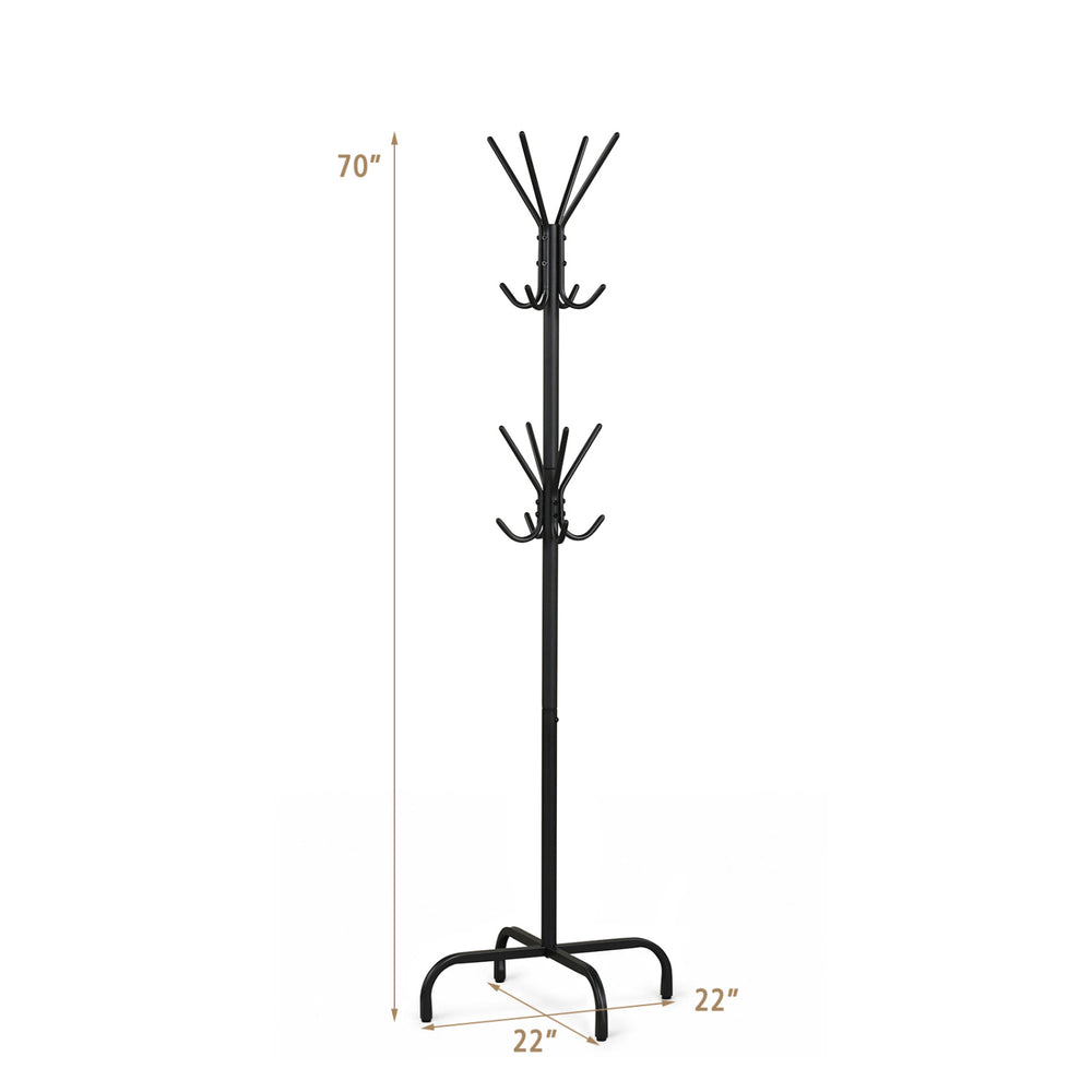 Freestanding black metal coat rack with 16 hooks and 4 legs, perfect for organizing outerwear in entryways or offices.