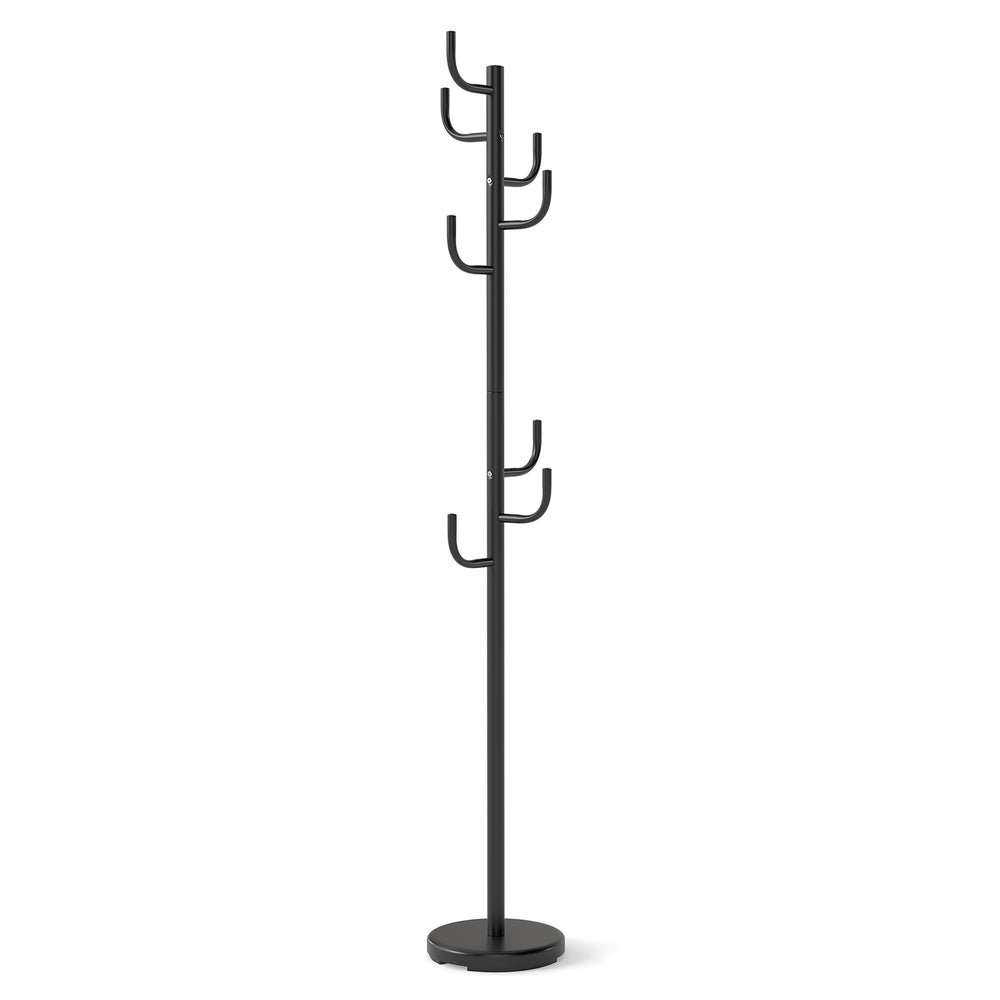Tall metal coat rack stand with 8 sturdy hooks and a stable round base, ideal for entryway or hallway organization.