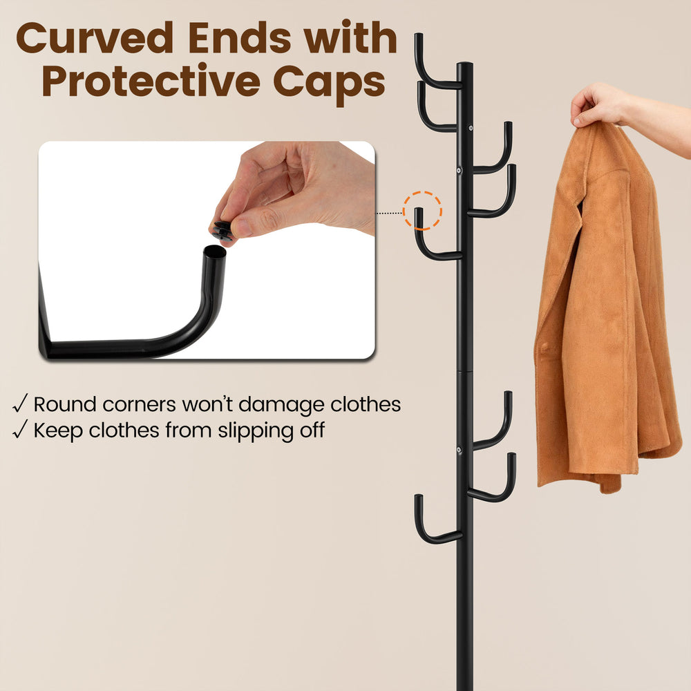 Metal coat rack stand with 8 sturdy hooks and protective caps, ideal for keeping clothes organized in entryways.