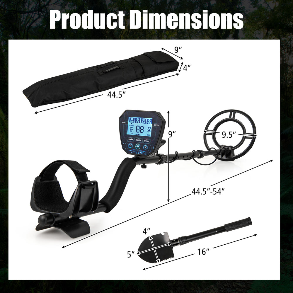 Product dimensions of a metal detector with adjustable length, backlit LCD display, and multipurpose shovel for.