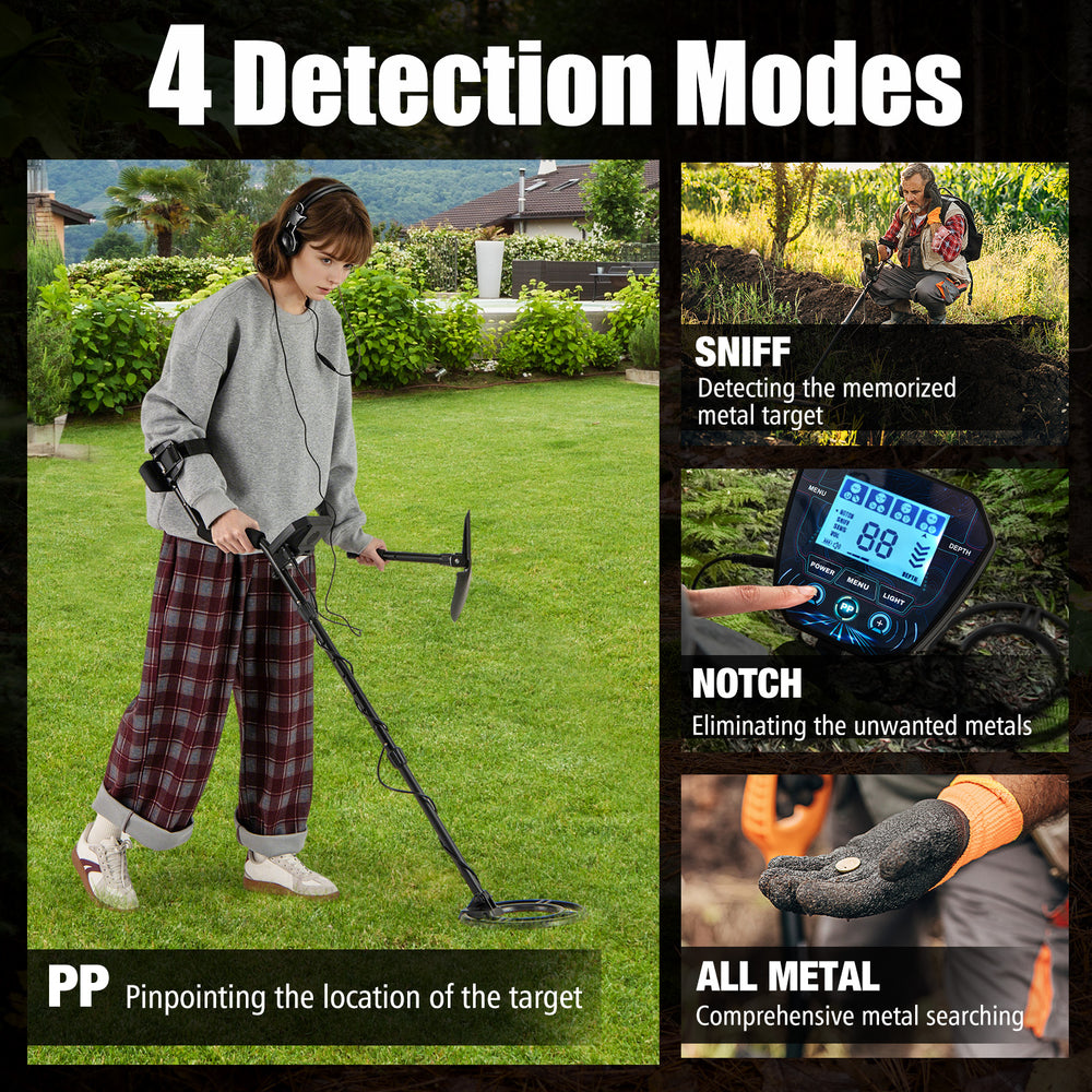 Metal detector with adjustable length and backlit LCD display, showcasing 4 detection modes for versatile treasure.