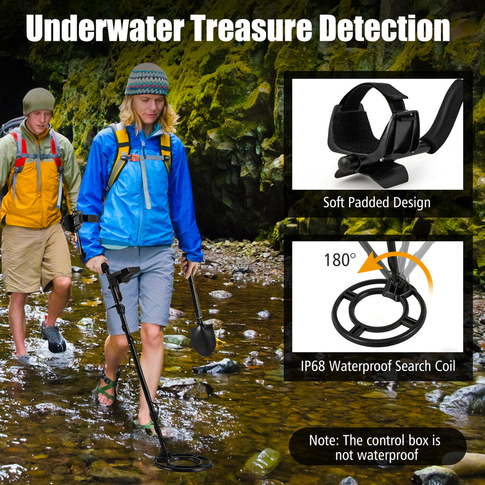 Metal detector with adjustable length and waterproof search coil, designed for versatile treasure hunting in various.