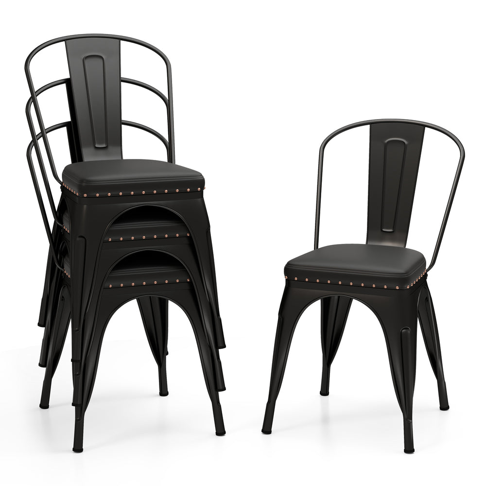 Stackable black metal dining chairs with cushioned seats and removable backs, perfect for dining rooms and cafes.