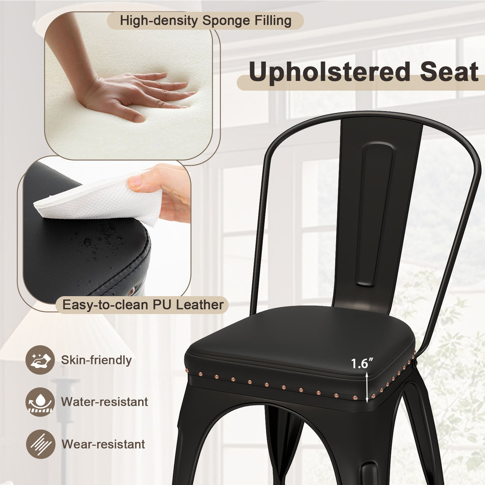 Black metal dining chair with removable back and cushioned PU leather seat, featuring rivets for a retro look.