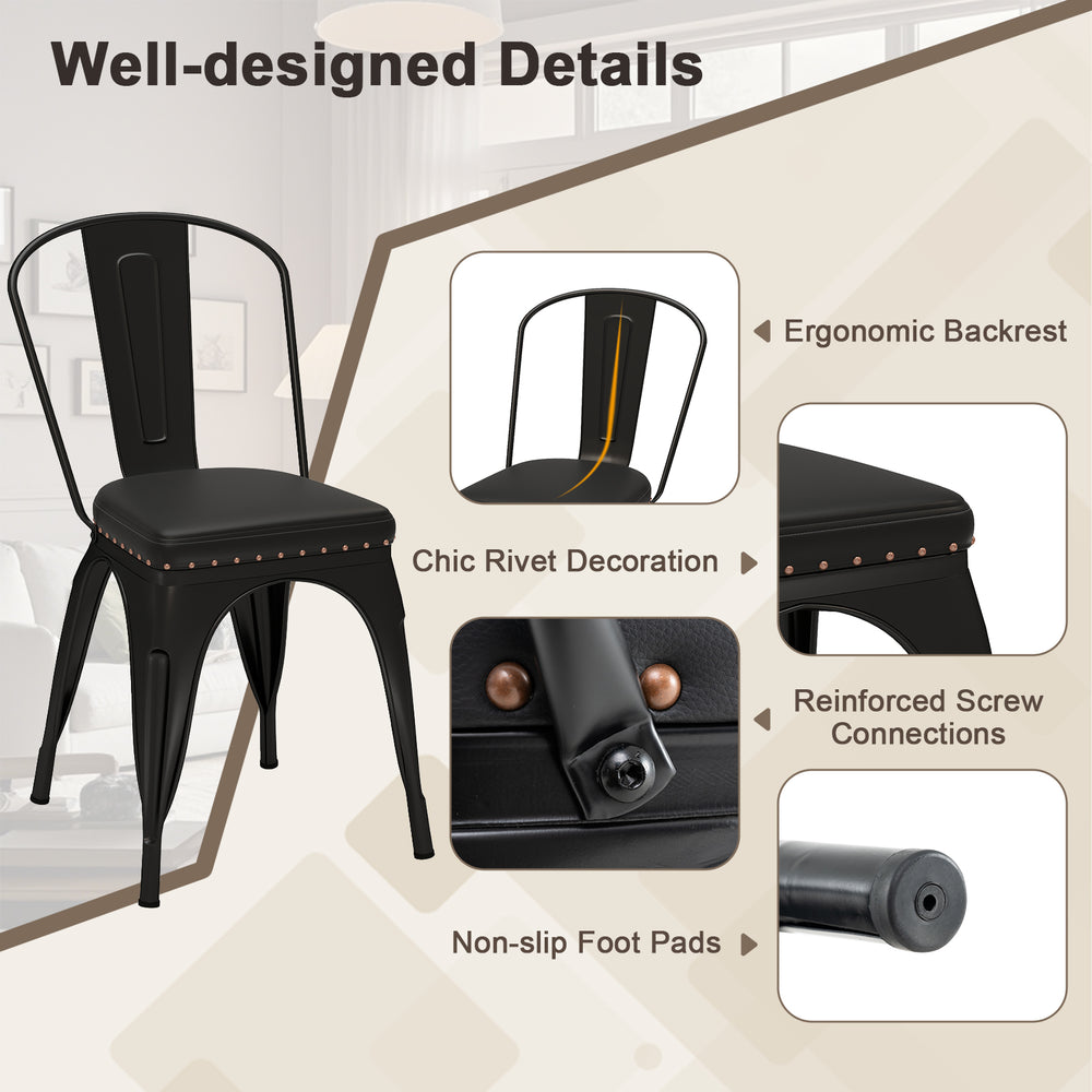 Close-up of a black metal dining chair showcasing ergonomic backrest, PU leather cushion, and chic rivet decoration.