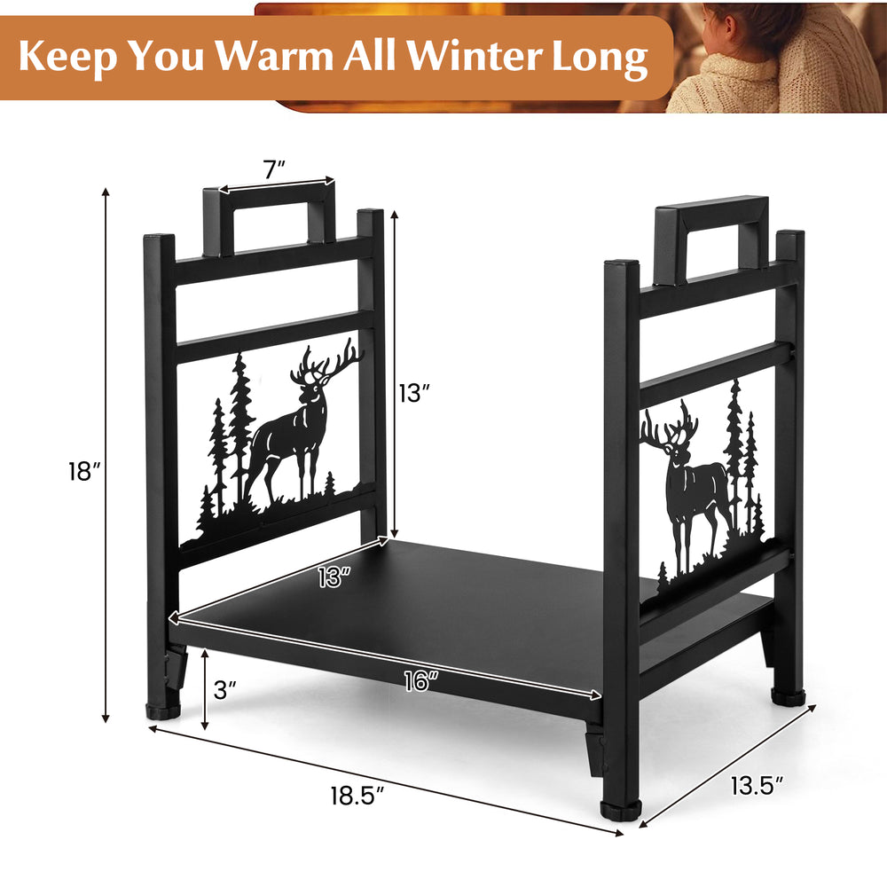 Metal firewood rack with dual handles, 18.5 inches, features moose design, for tidy indoor or outdoor firewood storage.