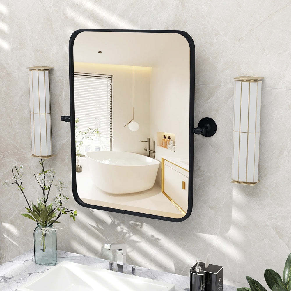Black metal framed pivot rectangle wall-mounted mirror, 30 x 22 inches, ideal for bathroom or modern decor.