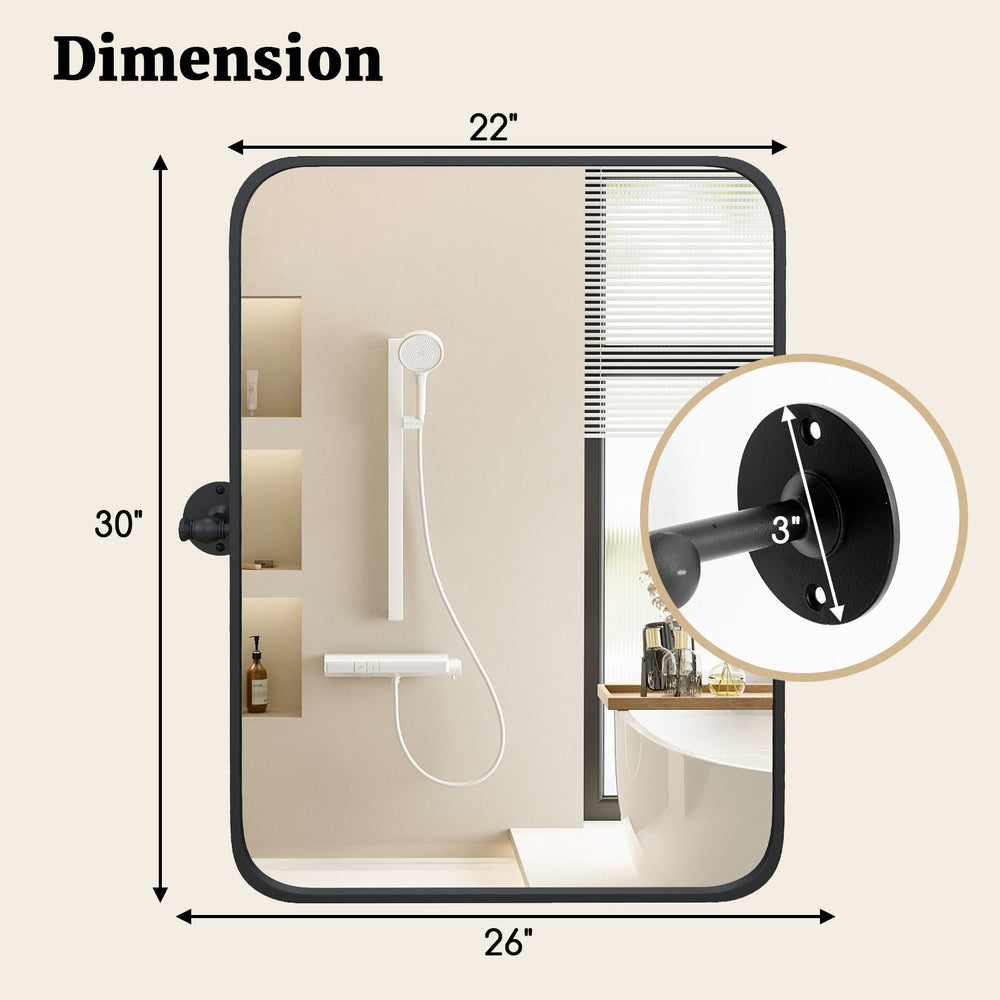Black metal framed pivot rectangle wall-mounted mirror, 30 x 22 inches, suitable for various decor styles in any room.