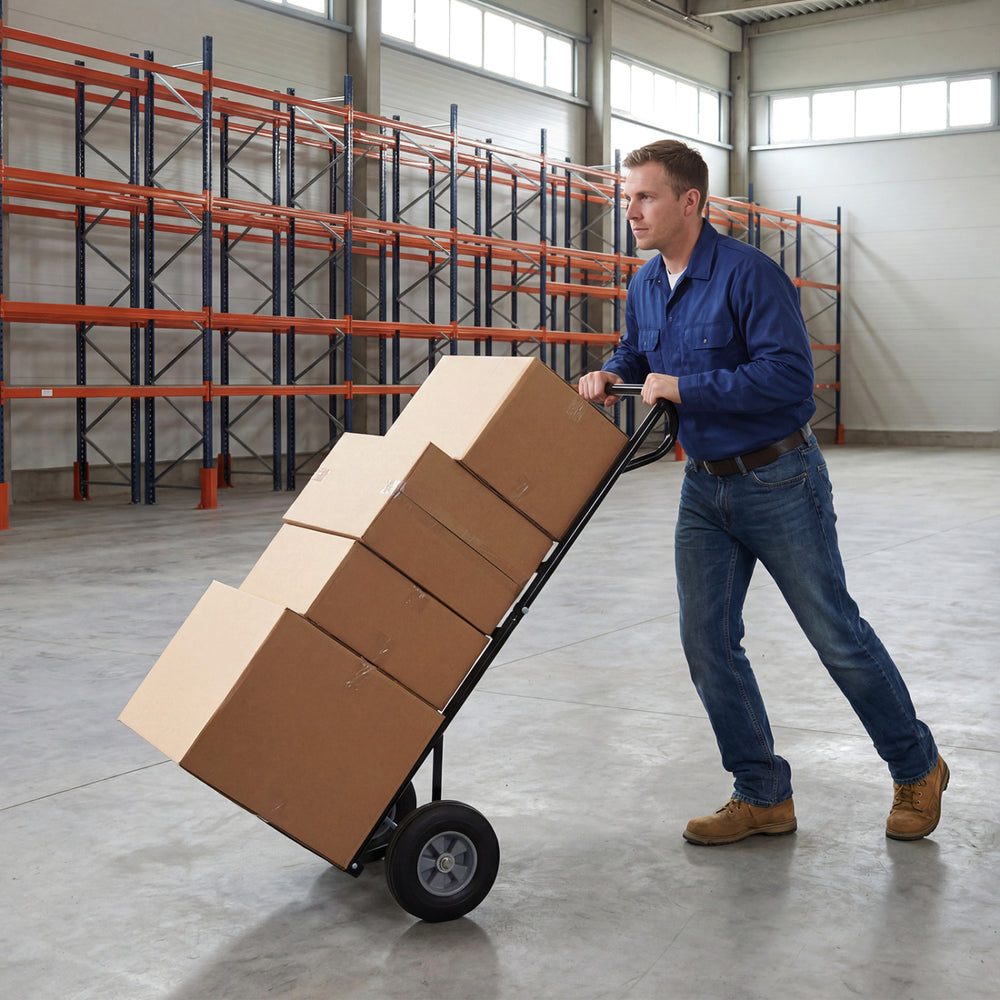 Heavy-duty metal hand truck with P-handle, transporting boxes on 10-inch rubber wheels for easy moving in a warehouse.