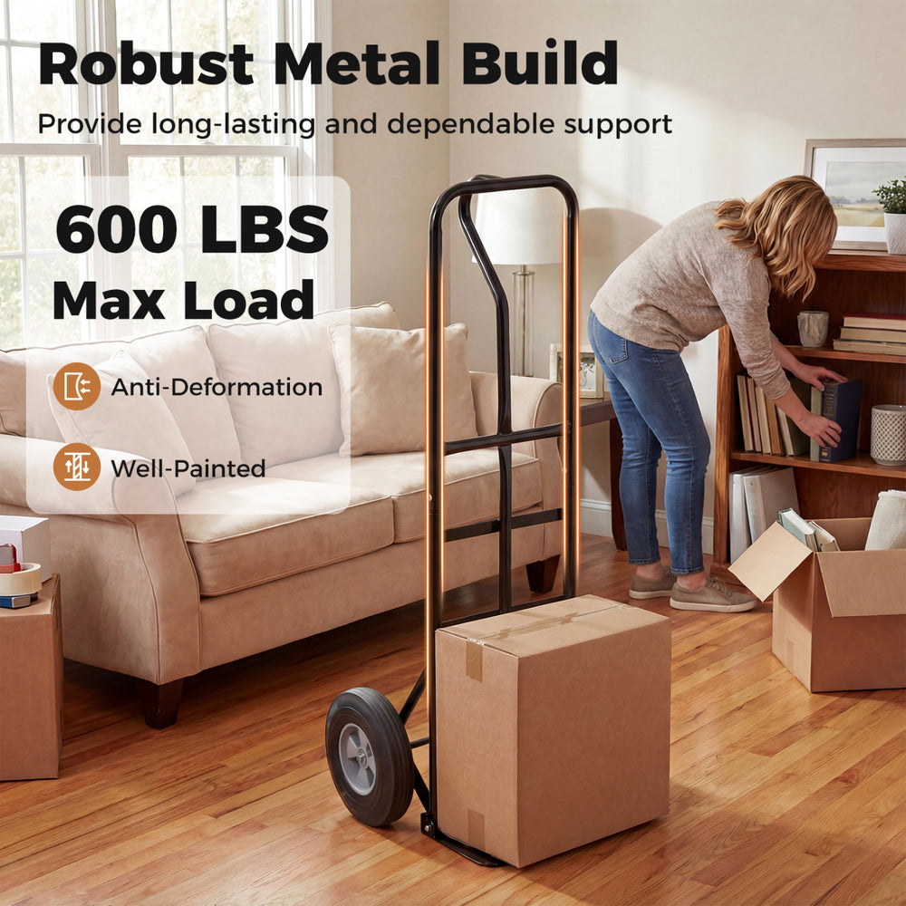 Heavy-duty metal hand truck with P-handle and 10-inch rubber wheels, supporting 600 lbs for easy moving and loading.