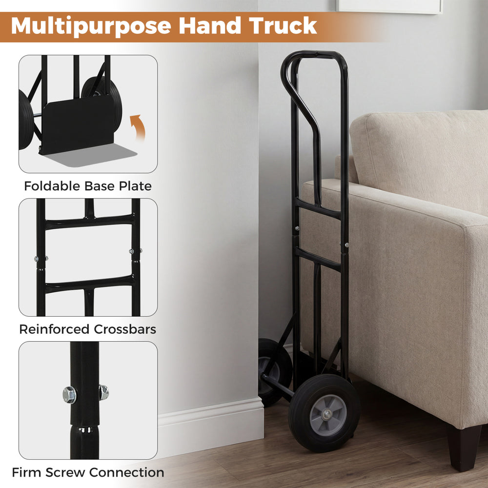 Heavy-duty metal hand truck with foldable base plate, P-handle, and 10-inch rubber wheels for easy moving and storage.