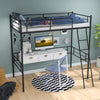 Black metal loft twin bed frame with study area underneath, featuring a side ladder and raised guardrail for safety.