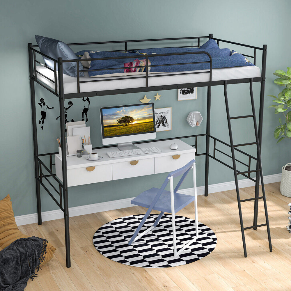 Black metal loft twin bed frame with study area underneath, featuring a side ladder and raised guardrail for safety.