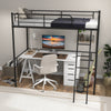 Loft twin bed frame in black with desk setup underneath, featuring a side ladder and protective guardrail for safety.