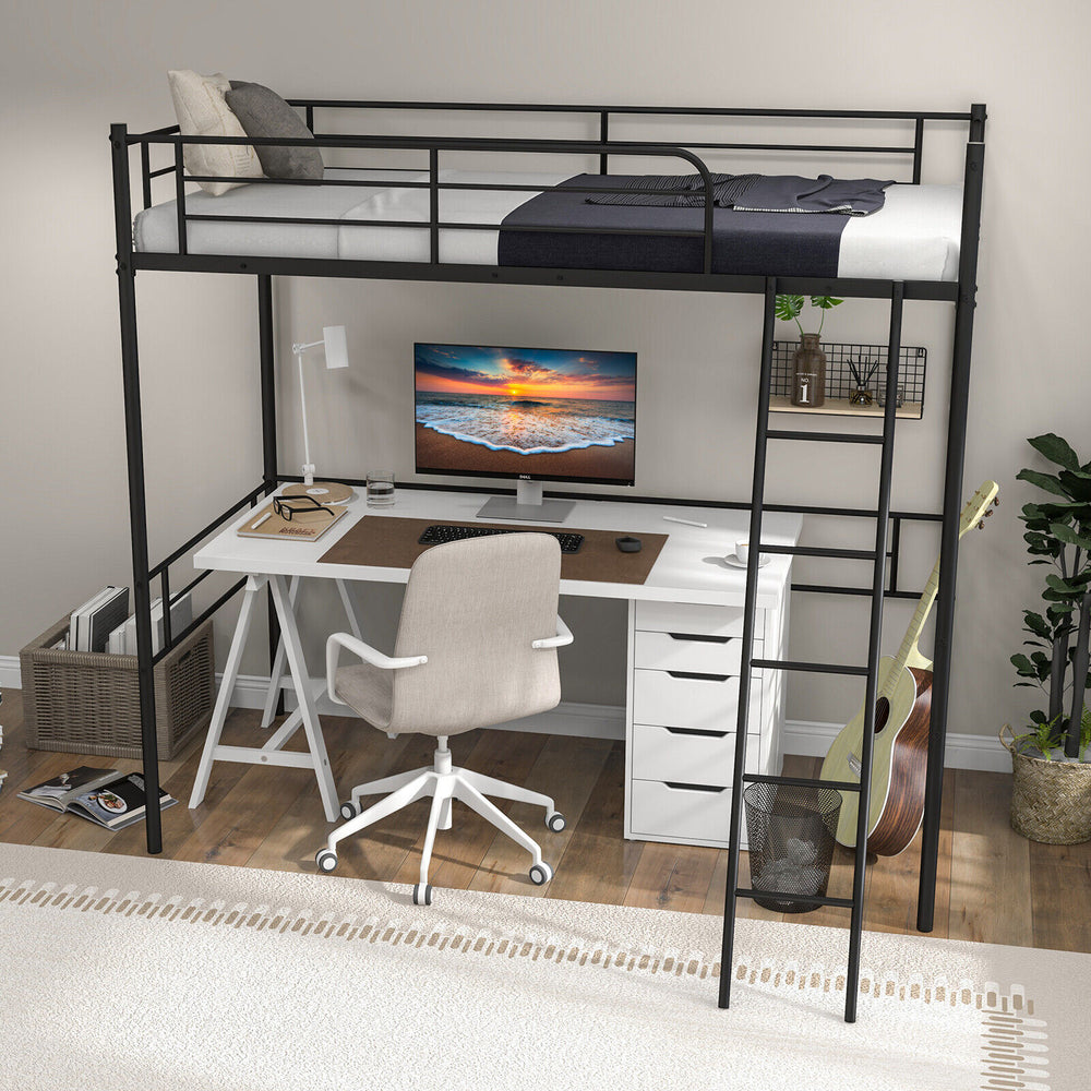 Loft twin bed frame in black with desk setup underneath, featuring a side ladder and protective guardrail for safety.