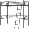 Metal loft twin bed frame in black with side ladder, 12" raised guardrail for safety, ideal for versatile use.