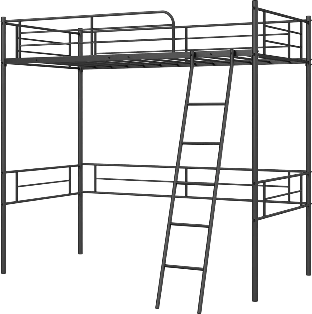 Metal loft twin bed frame in black with side ladder, 12" raised guardrail for safety, ideal for versatile use.