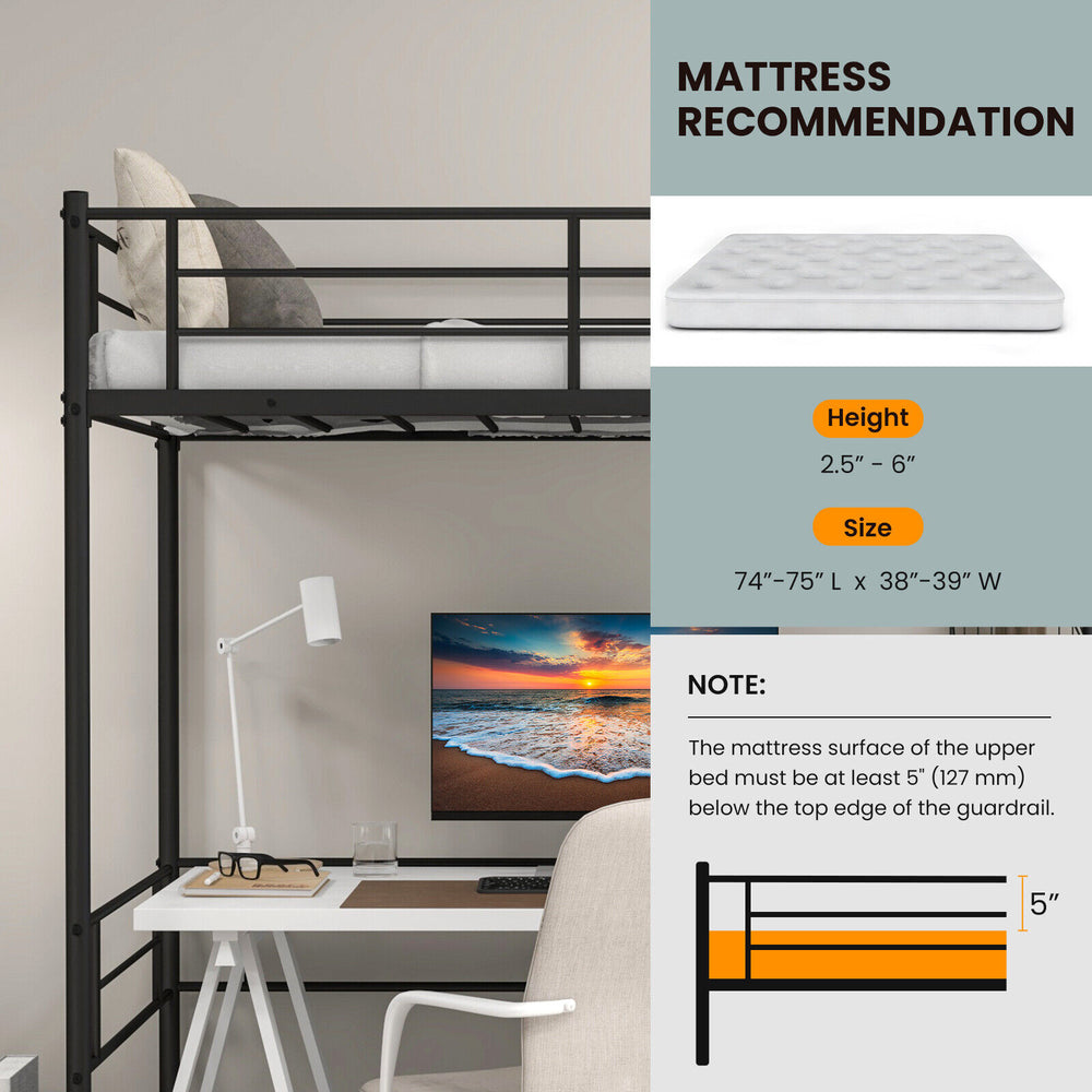 Metal loft twin bed frame in black with sturdy slats, raised guardrail, and side ladder for versatile use in small.