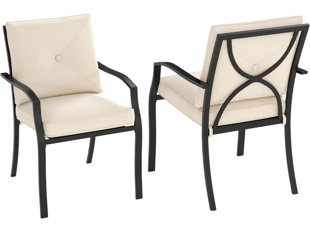 Stackable metal outdoor dining chairs with beige cushions, featuring ergonomic design and curved armrests for patio.