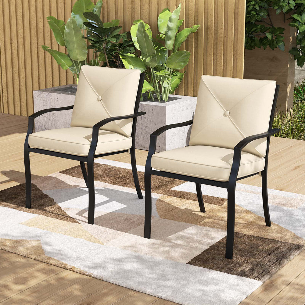 Stackable metal outdoor dining chair set of 2 with beige cushions, perfect for patio relaxation and alfresco dining.